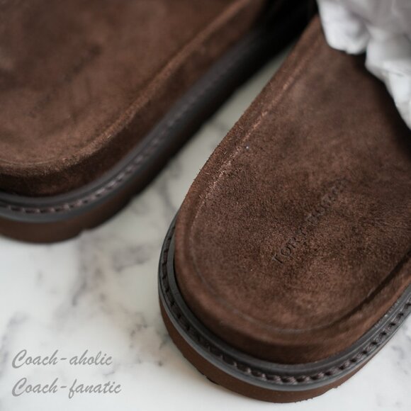 NIB Tory Burch Everly Anatomic Lug suede Slide Sandal in Dark Cocoa /Coconut - Picture 6 of 8